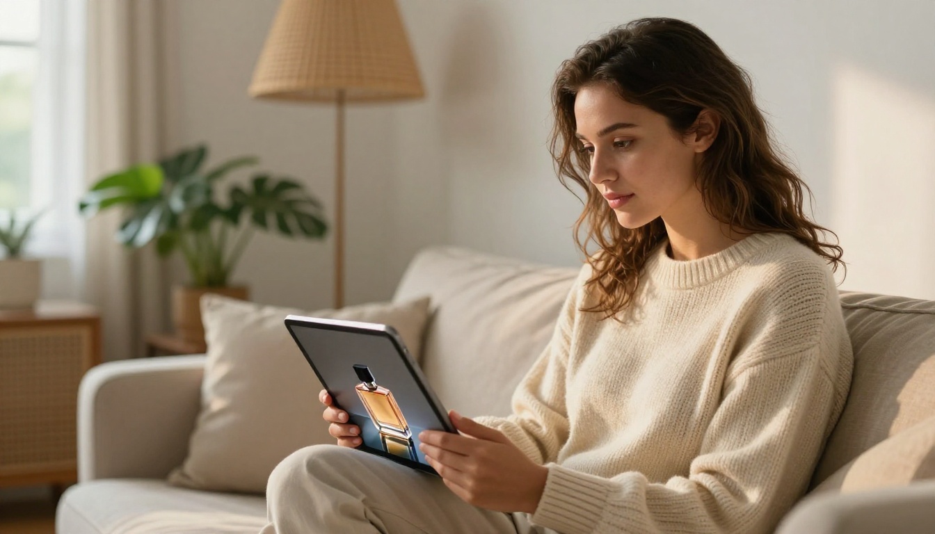 A young woman with warm brown skin on a linen couch holding a tablet showing an AI-generated product shot of a perfume bottle
