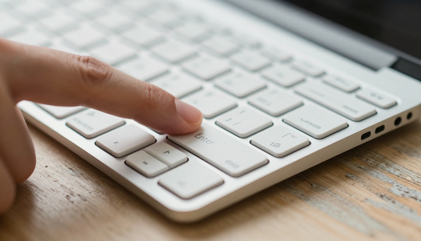 Close-up macro of a finger pressing the Enter key on a laptop, shallow depth of field, directional side light Close-up macro of a finger pressing the Enter key on a laptop, shallow depth of field, directional side light