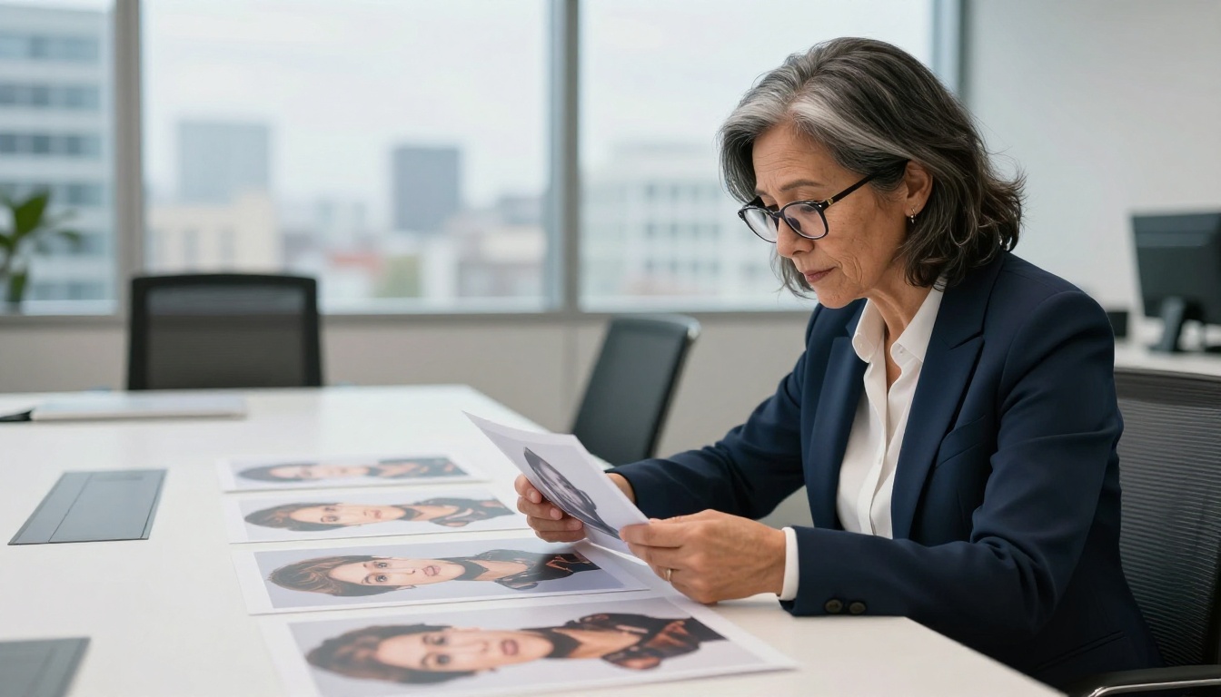 A woman in a navy blazer examines AI-generated product photos spread across a conference table, modern office with city view A woman in a navy blazer examines AI-generated product photos spread across a conference table, modern office with city view