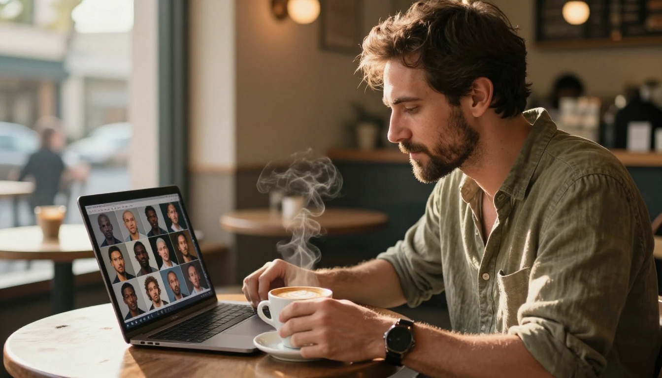 A bearded man at a coffee shop table with a laptop showing a grid of AI-generated portrait faces, golden afternoon light A bearded man at a coffee shop table with a laptop showing a grid of AI-generated portrait faces, golden afternoon light
