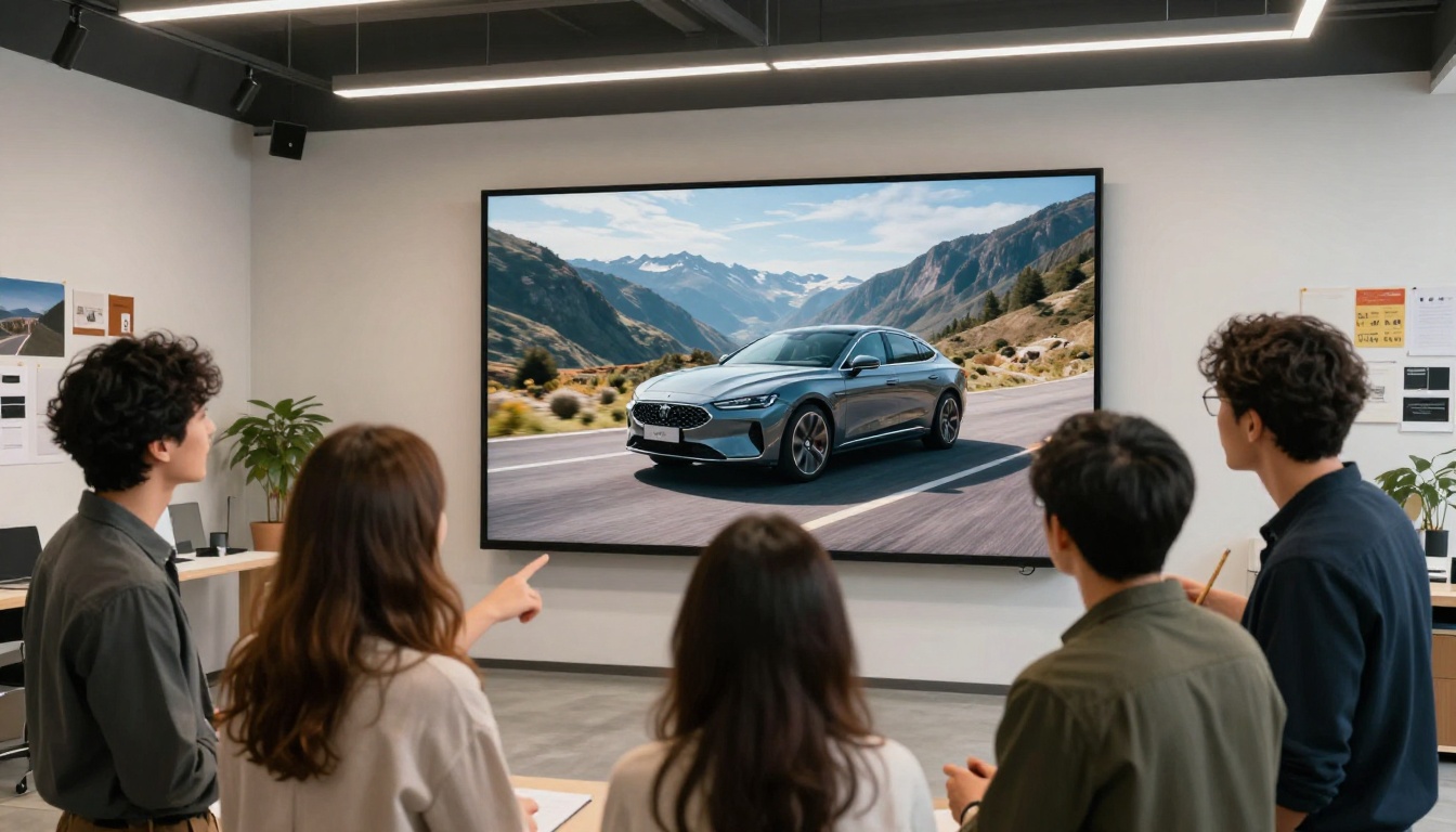 A creative agency team of three gathered around a monitor displaying an AI-generated luxury car advertising image A creative agency team of three gathered around a monitor displaying an AI-generated luxury car advertising image