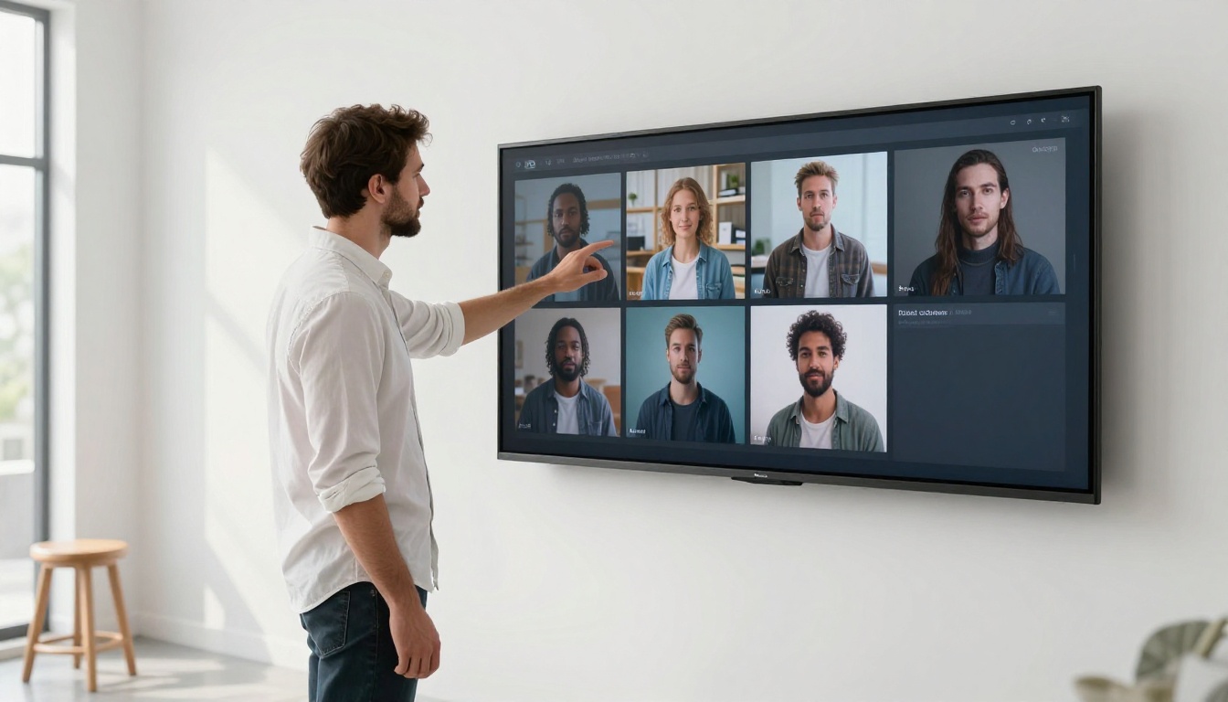 Creative director in rolled-up white shirt sleeves stands before a large touchscreen display in a bright modern studio, reaching out to interact with a grid of AI-generated images in a clean interface