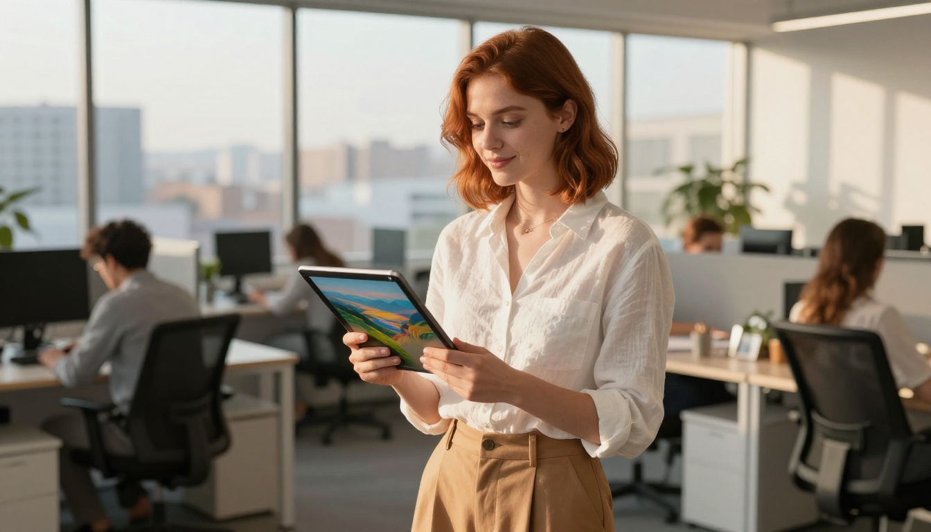 Confident woman with auburn hair in white linen blouse holds a tablet displaying a vibrant AI-generated landscape in a sunlit creative agency office, afternoon golden light from the right