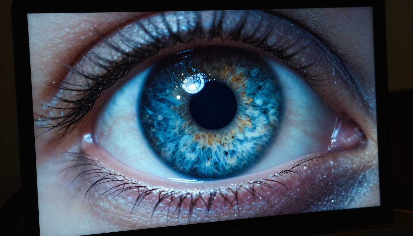 Extreme close-up macro shot of a monitor screen showing a hyper-detailed AI-generated photograph of a human eye, screen pixels faintly visible, blue-white monitor glow as only light source