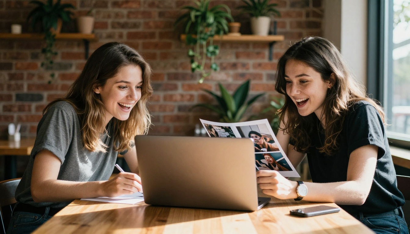 Two women sitting at a wooden cafe table, one showing an excited expression comparing a pixelated AI output to a crisp magazine-quality photograph on a laptop screen between them