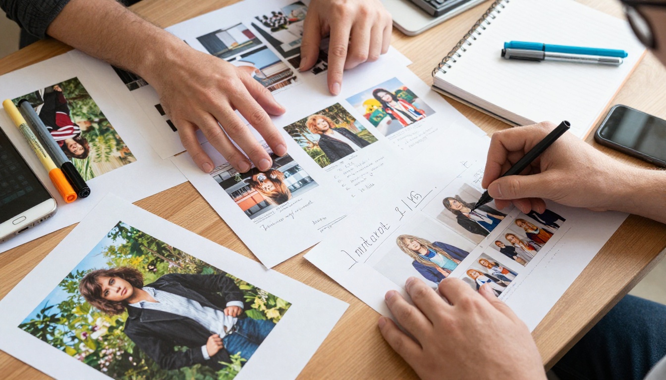 Bird's eye view of a designer's cluttered desk with printed AI image outputs scattered around, sketchbook with annotations, colored markers, keyboard, and hands arranging prints on wood surface