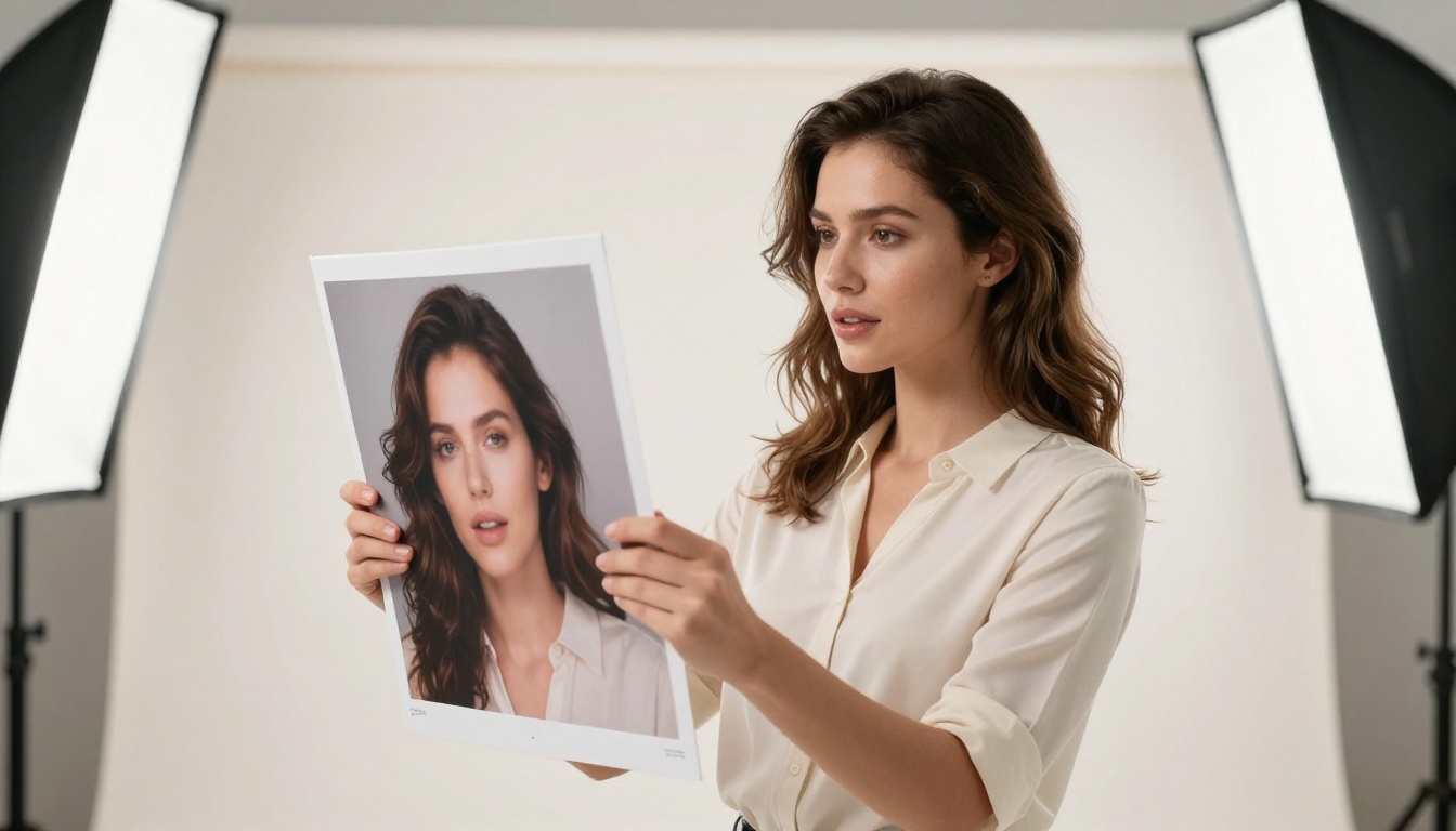 Athletic woman with wavy hair in cream blouse stands in a bright photography studio, studying a large printed canvas photograph with curious focused appreciation, softbox lighting from both sides