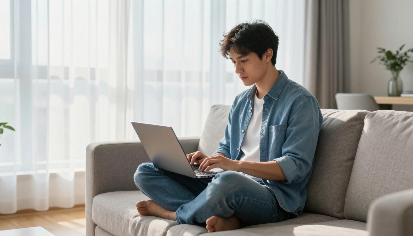 Young man in early 30s sitting cross-legged on a modern sofa, intently typing on a laptop, screen glow illuminating focused expression, afternoon sunlight backlighting through sheer curtains
