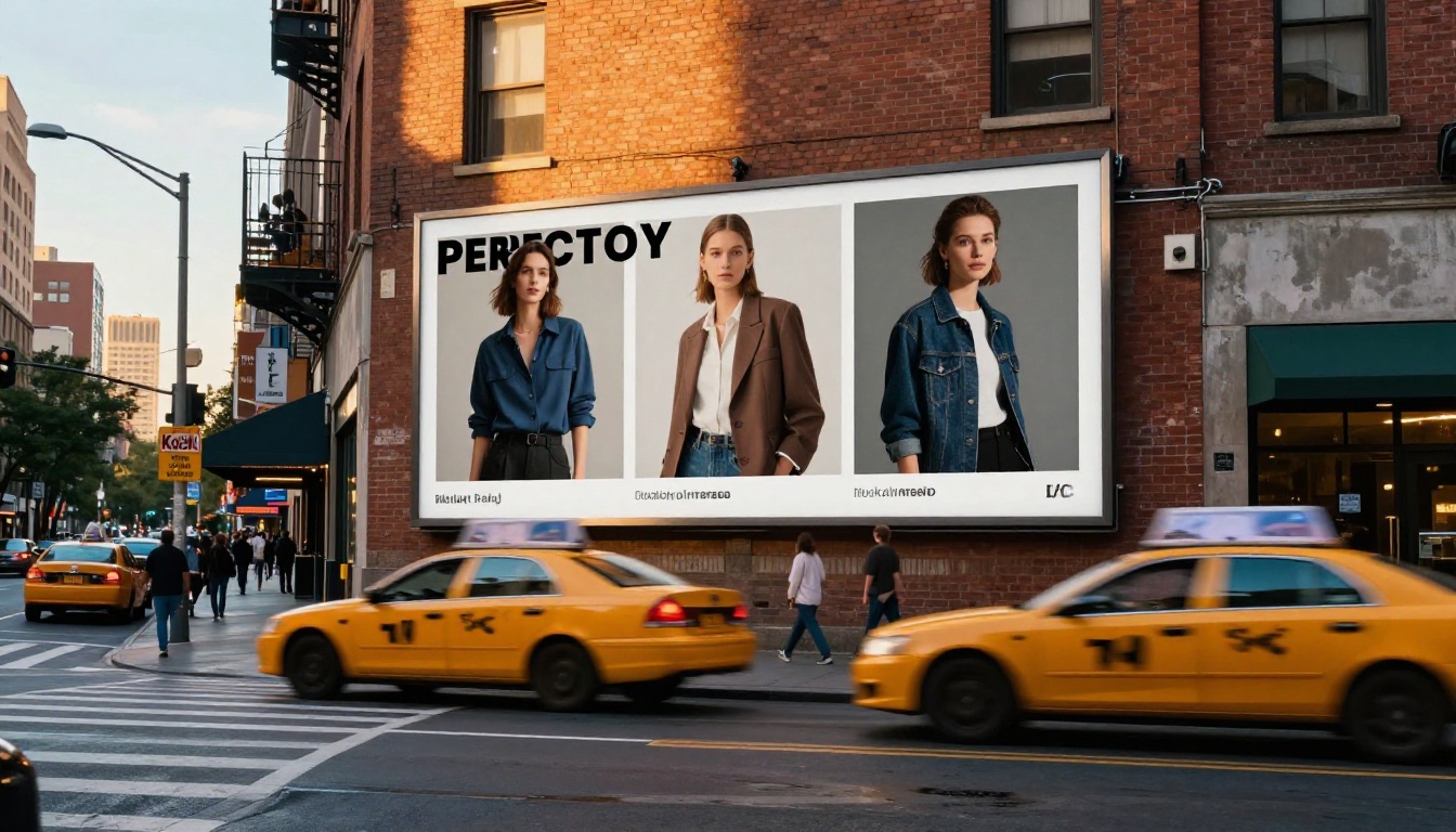 Urban billboard with AI-generated fashion advertisement text