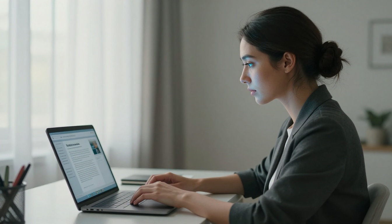 Woman studying AI image generation text rendering on laptop