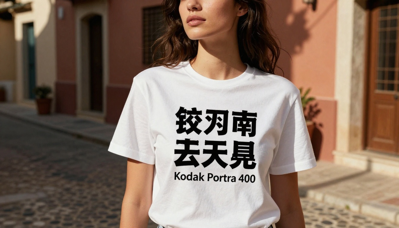 Model wearing t-shirt with AI-generated graphic print and legible text