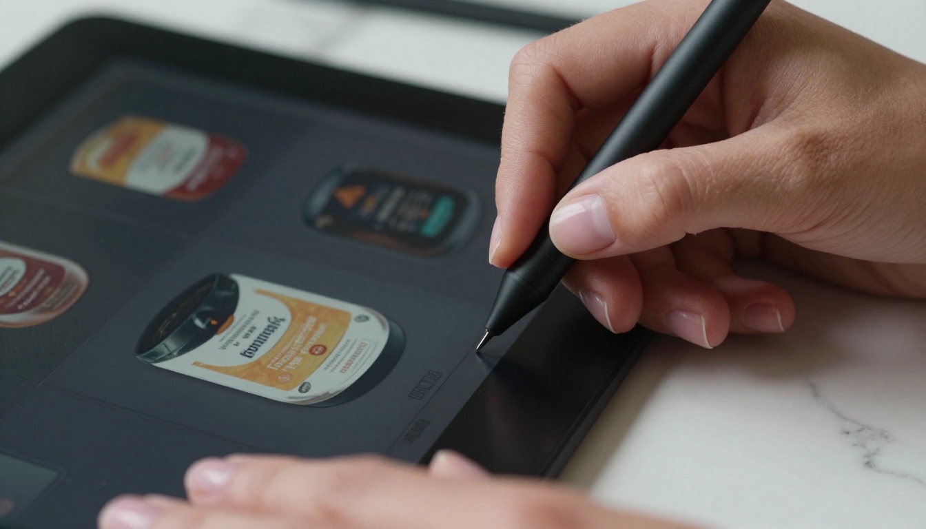 Designer's hands with stylus pen above graphics tablet with AI product mockup Designer's hands with stylus pen above graphics tablet with AI product mockup