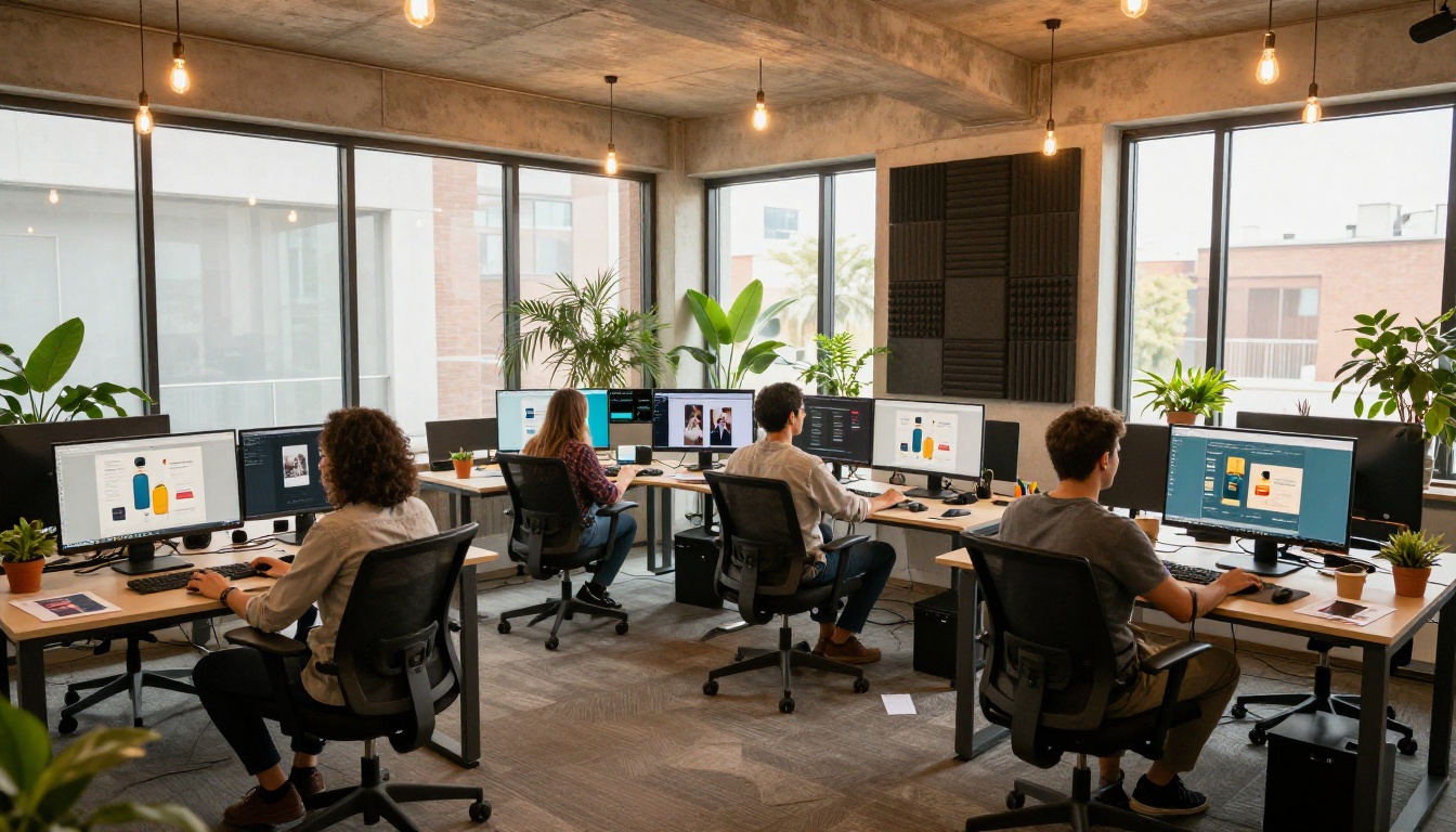 Creative agency team reviewing AI image outputs on large monitors