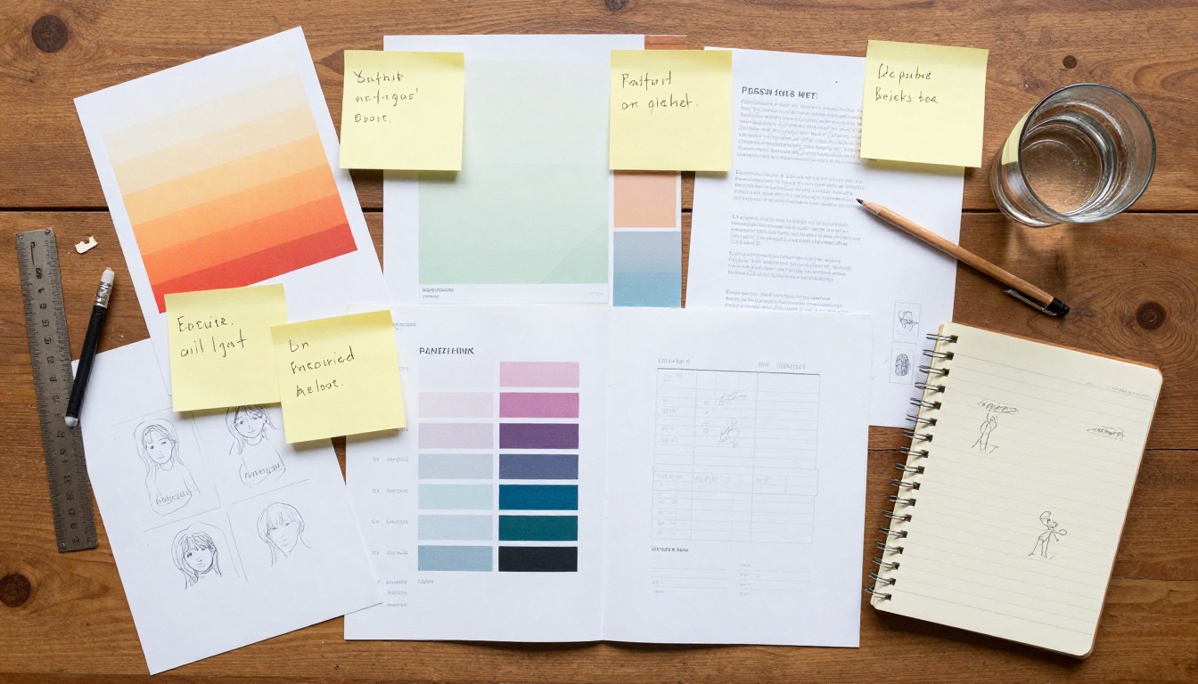 Aerial overhead flat lay of design desk with printed AI images and color swatches
