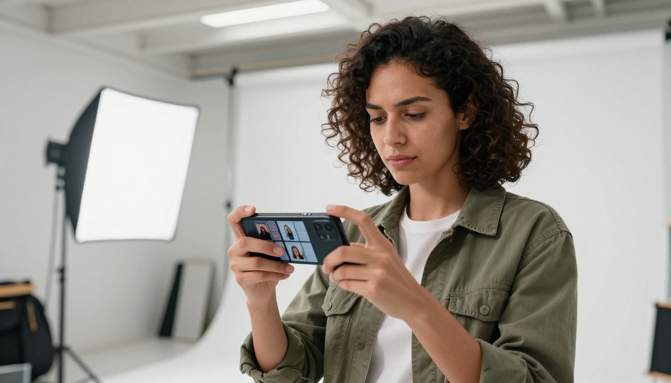 Photographer reviewing AI-generated reference images on smartphone in studio