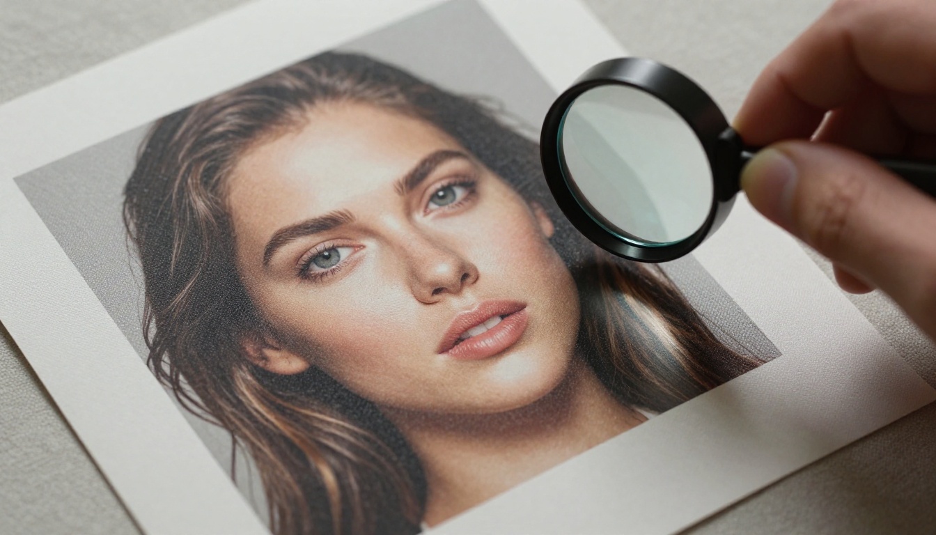 Close-up macro of printed AI-generated image with loupe magnifying glass Close-up macro of printed AI-generated image with loupe magnifying glass