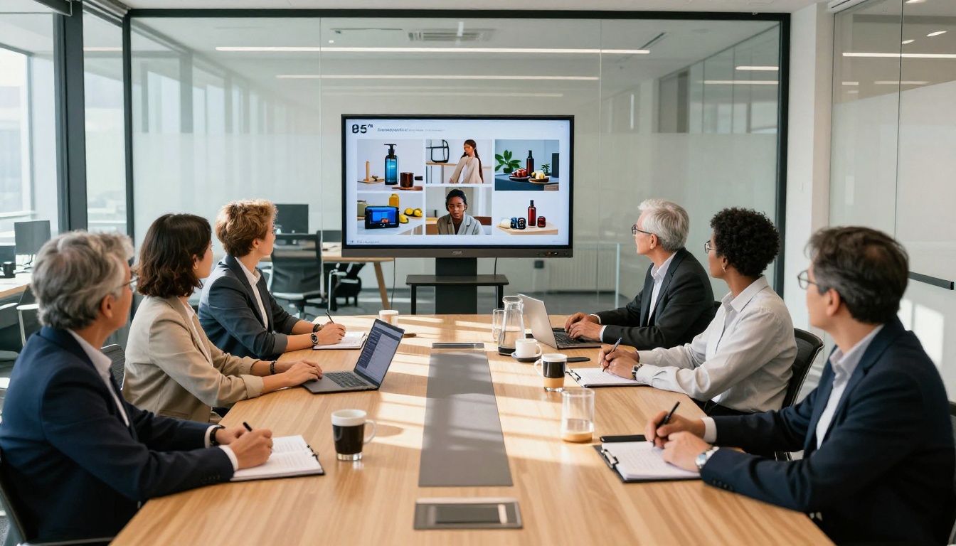 Brand strategy meeting in glass conference room with AI images on projector screen Brand strategy meeting in glass conference room with AI images on projector screen
