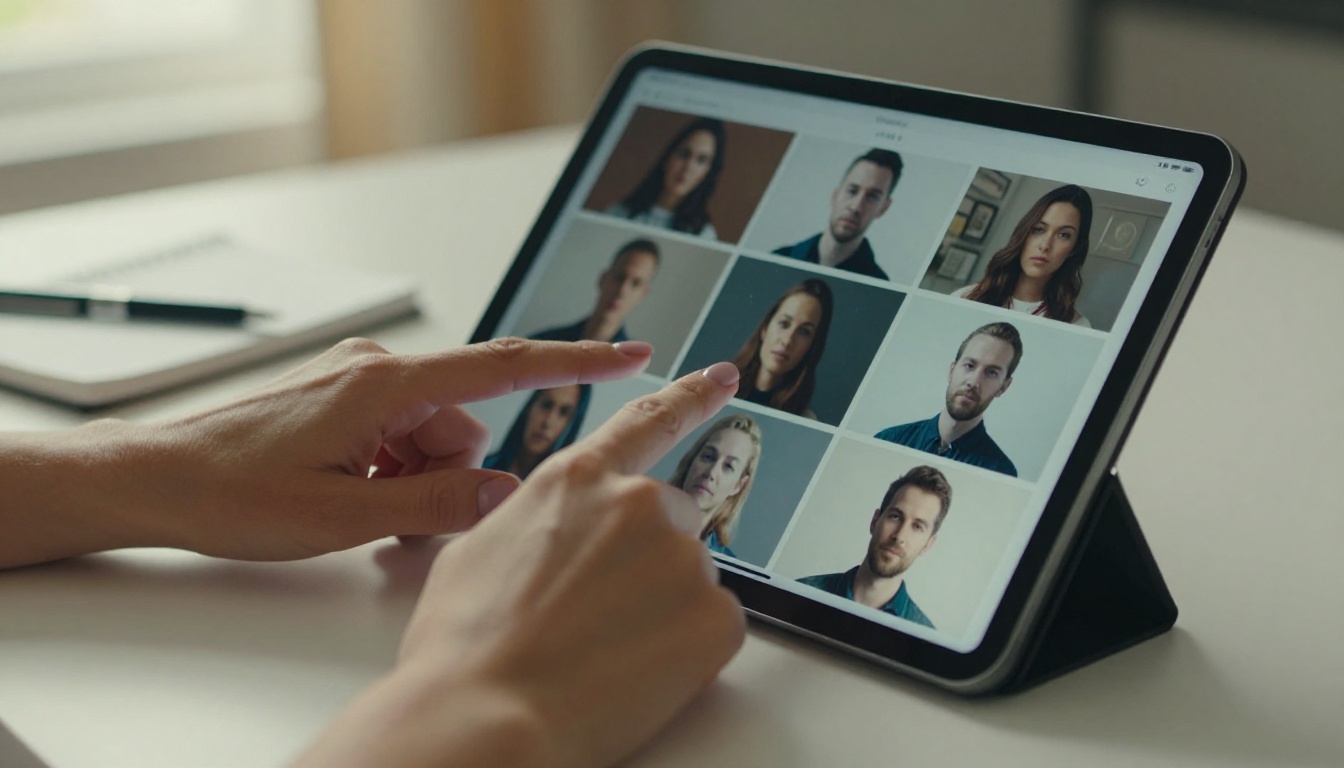 Hands scrolling through AI-generated image variations on iPad screen Hands scrolling through AI-generated image variations on iPad screen