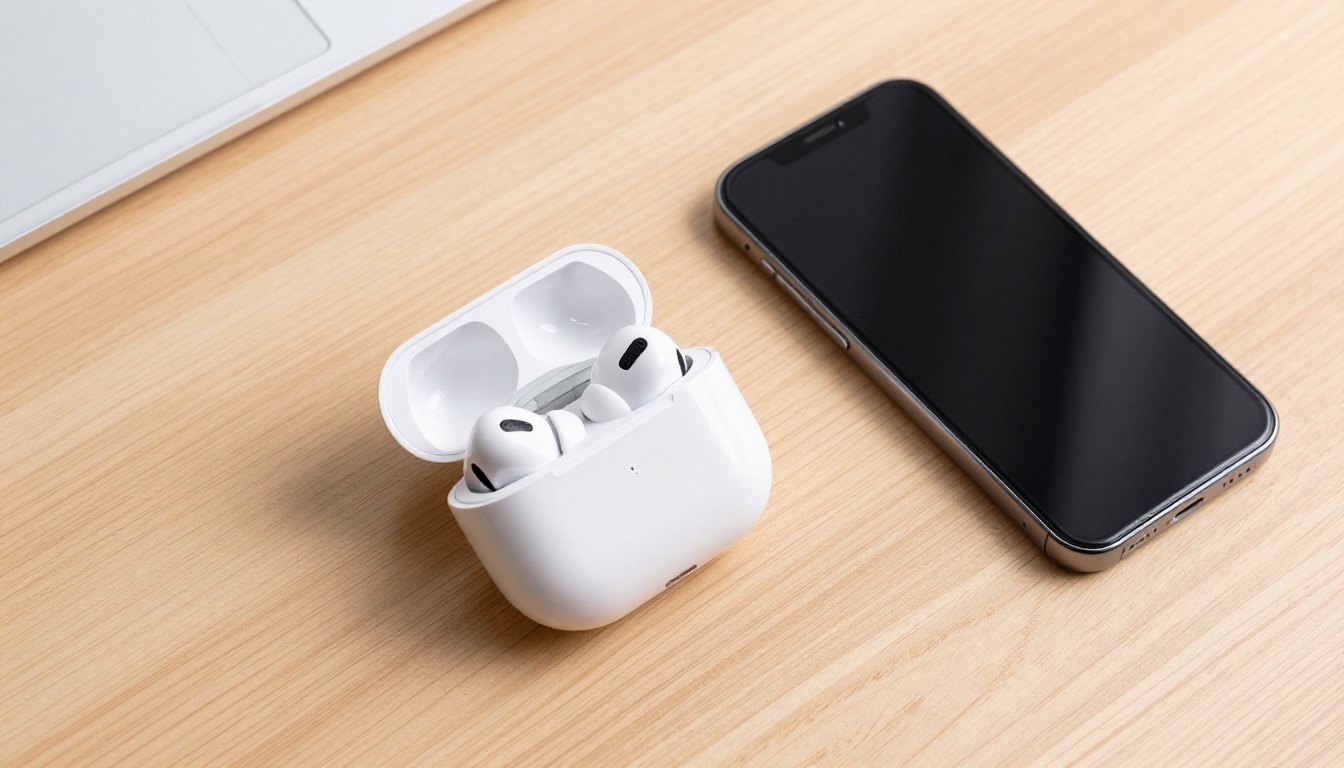 Aerial flat lay of tech products on wooden desk with overhead studio lighting
