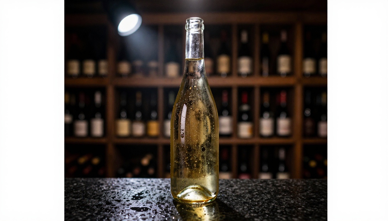 Low-angle wine bottle with condensation drops on granite, cellar background