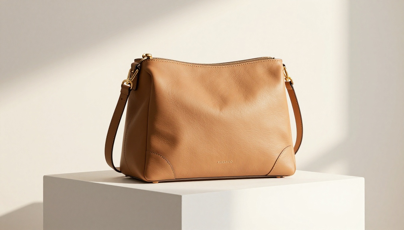 Front-facing leather handbag on white pedestal with warm golden light