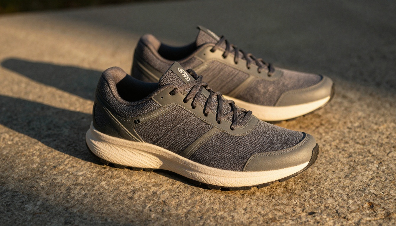 Side-angle running sneakers on stone surface with long afternoon shadow