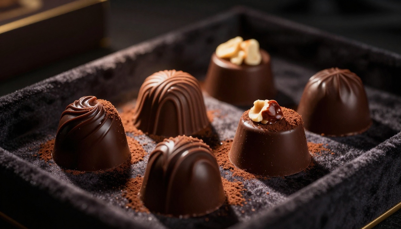 Luxury chocolate box open on dark velvet with ganache textures under spotlight