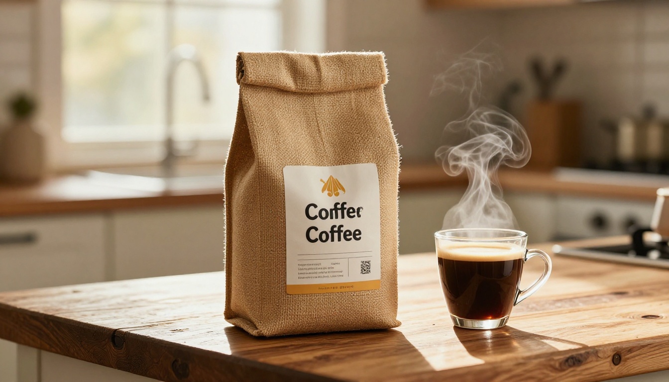 Premium coffee bag on rustic wooden counter with morning window light