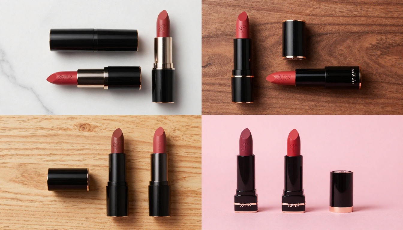 Lipstick product comparison across four background textures in a top-down aerial shot