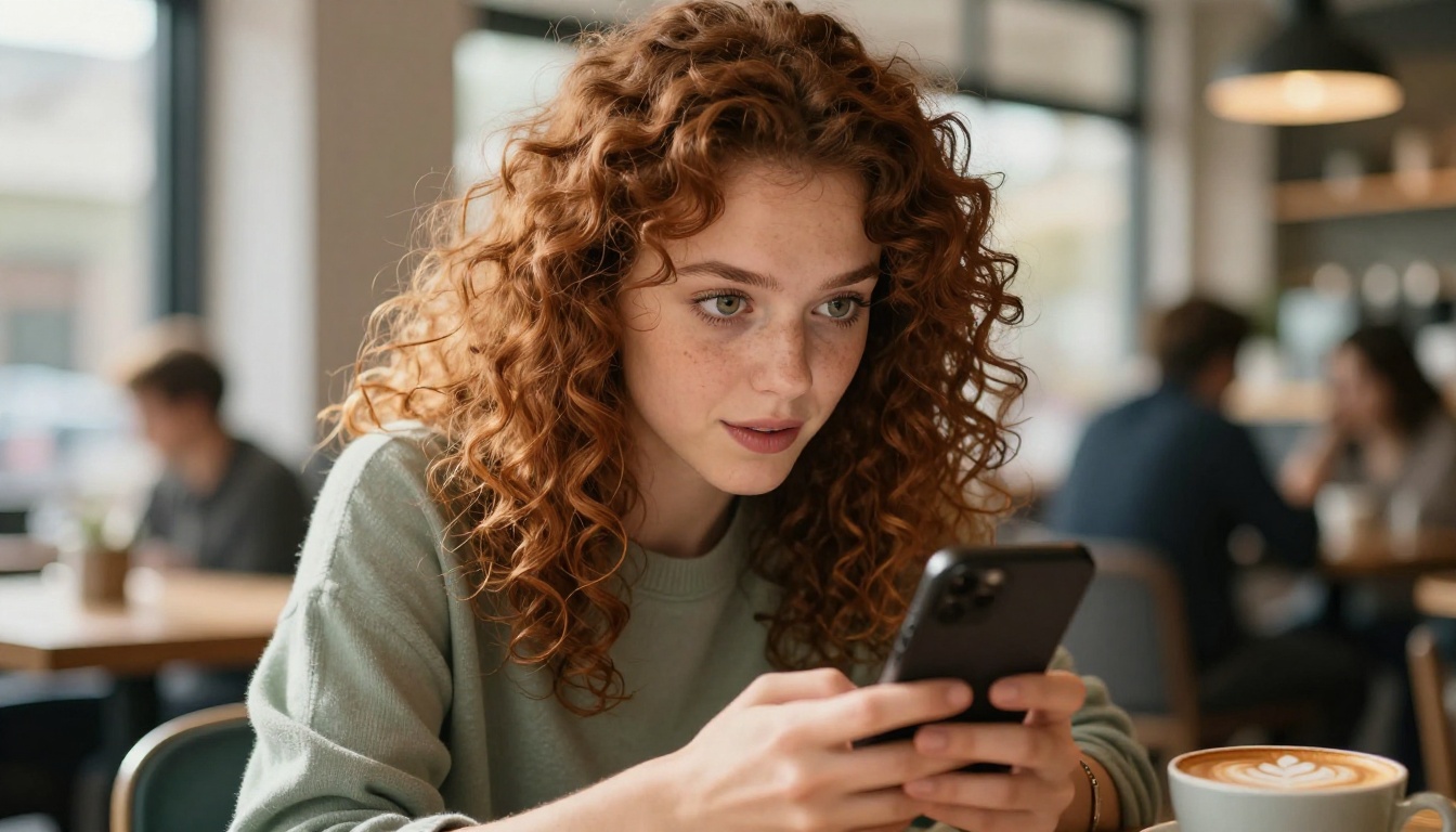 Young woman with curly auburn hair looking at smartphone with wonder in a sunlit cafe