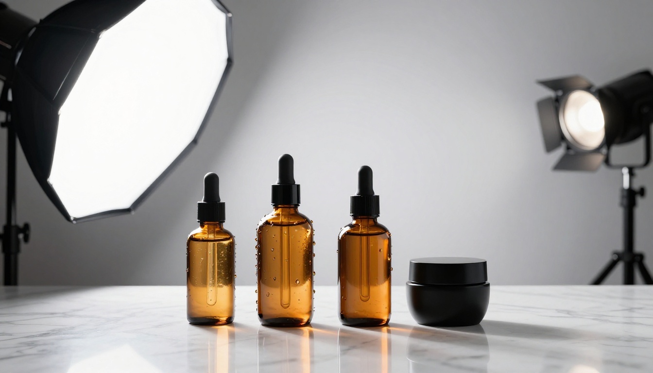 Premium amber glass skincare product bottles arranged on Carrara marble with professional studio lighting