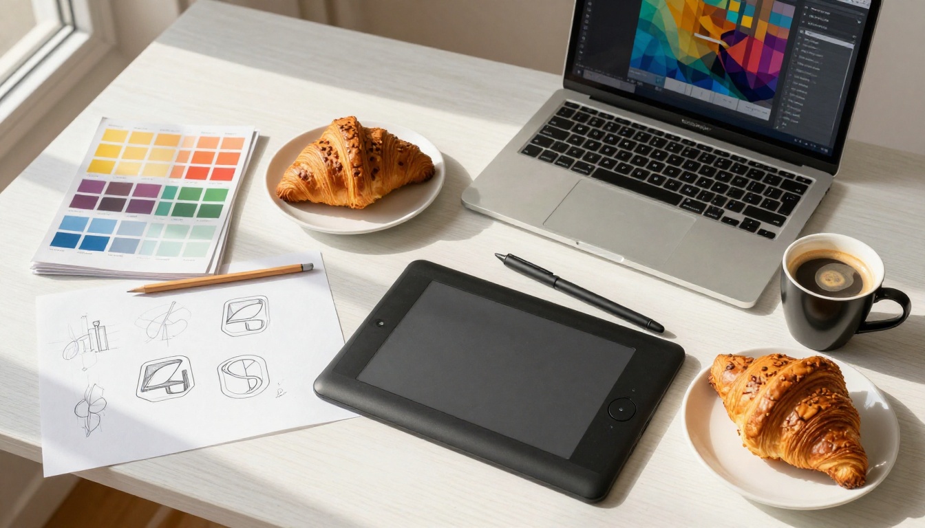 Overhead aerial flat-lay of a graphic designer's desk with color swatches, sketches, and a MacBook