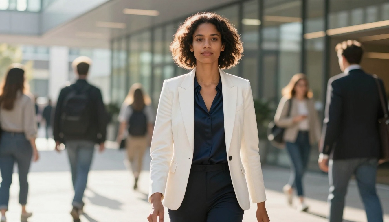 Confident businesswoman in white blazer walking through modern glass office lobby