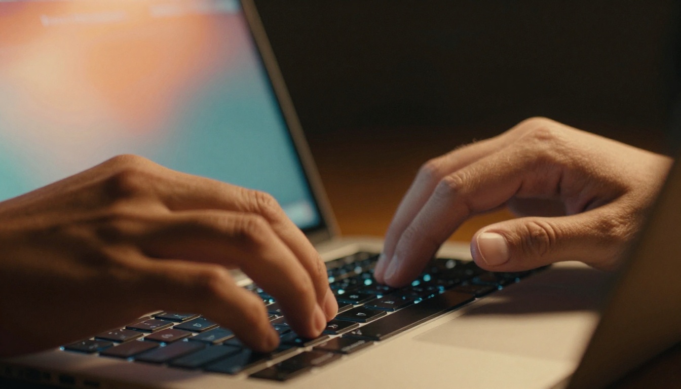 Close-up of diverse hands typing on a laptop keyboard with colorful bokeh on the screen behind
