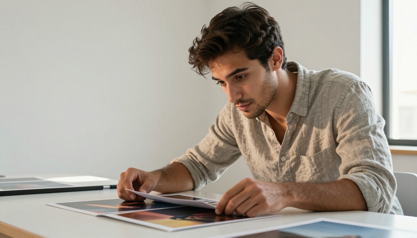 Young man studying spread of printed photographs on a professional lightbox table