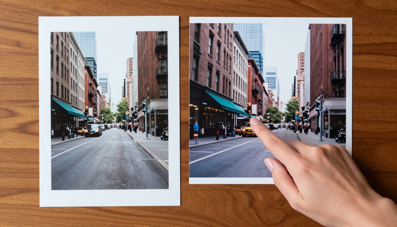 Two printed photographs side by side on walnut table, woman's hand pointing to the sharper one
