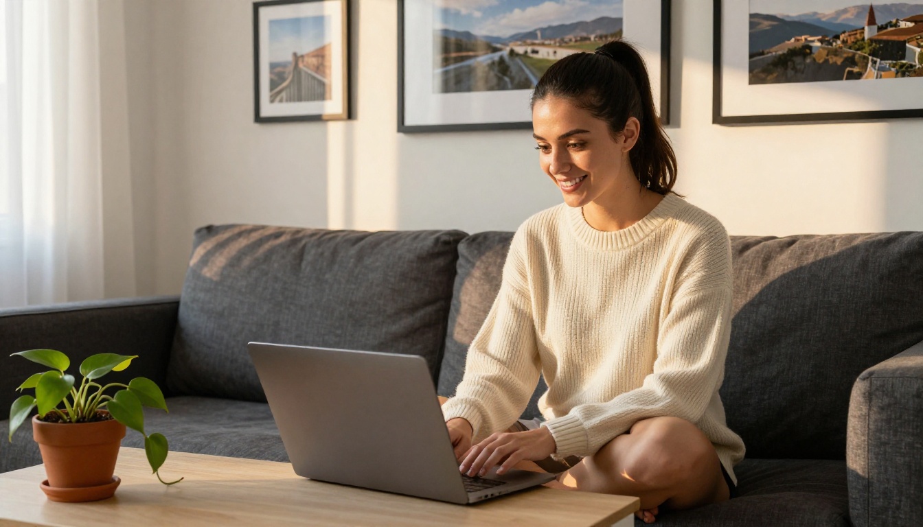 Relaxed woman with dark ponytail smiling at laptop on a grey sofa bathed in warm afternoon light