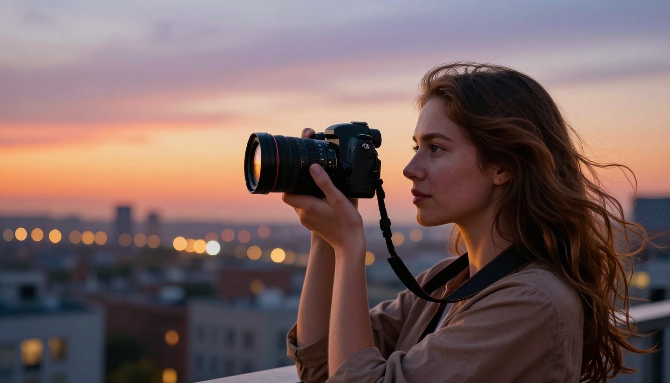 Professional photographer with camera on a rooftop terrace at golden hour with city skyline bokeh behind her