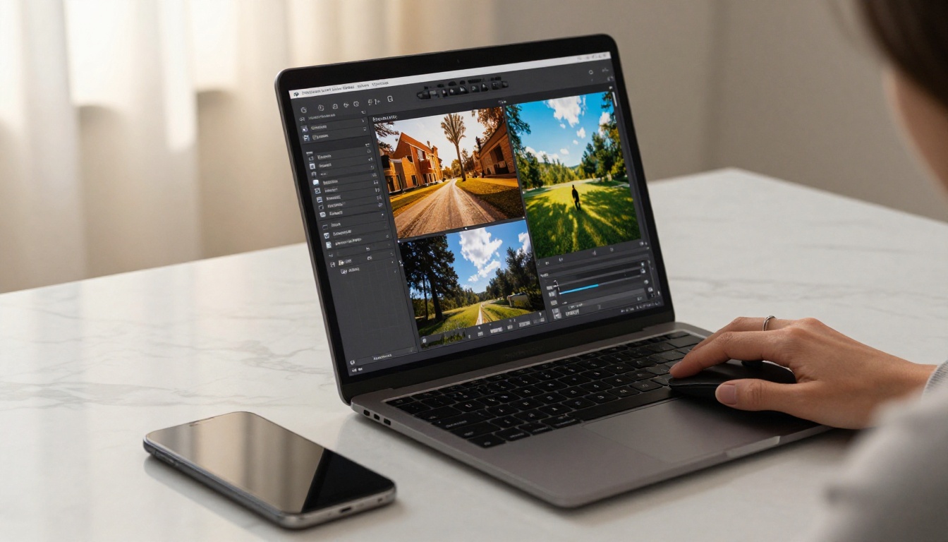 Laptop screen displaying photo editing interface with vivid before-and-after panels on a marble desk