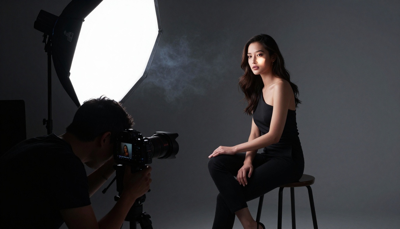 Professional portrait photography studio with dramatic Rembrandt lighting setup and calibrated monitor