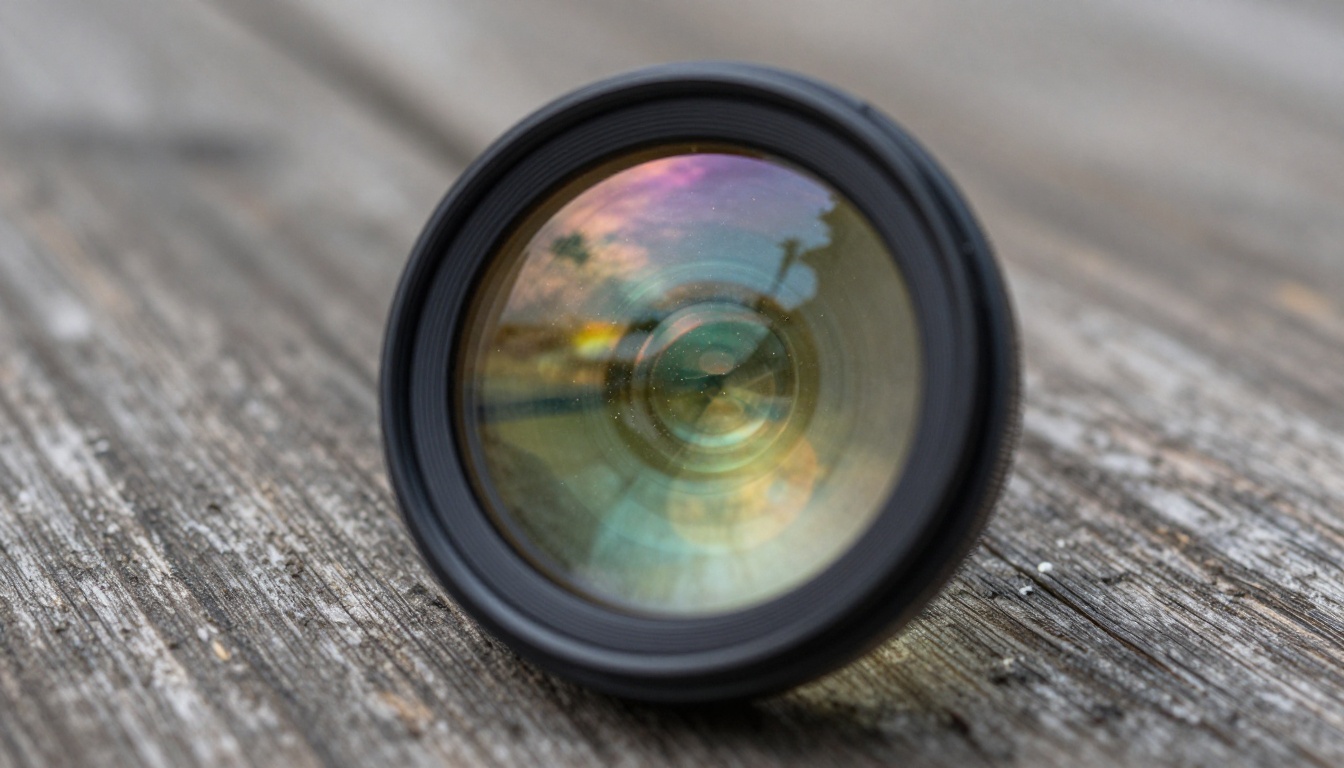 Extreme close-up macro of a camera lens glass element reflecting a landscape scene on weathered oak wood