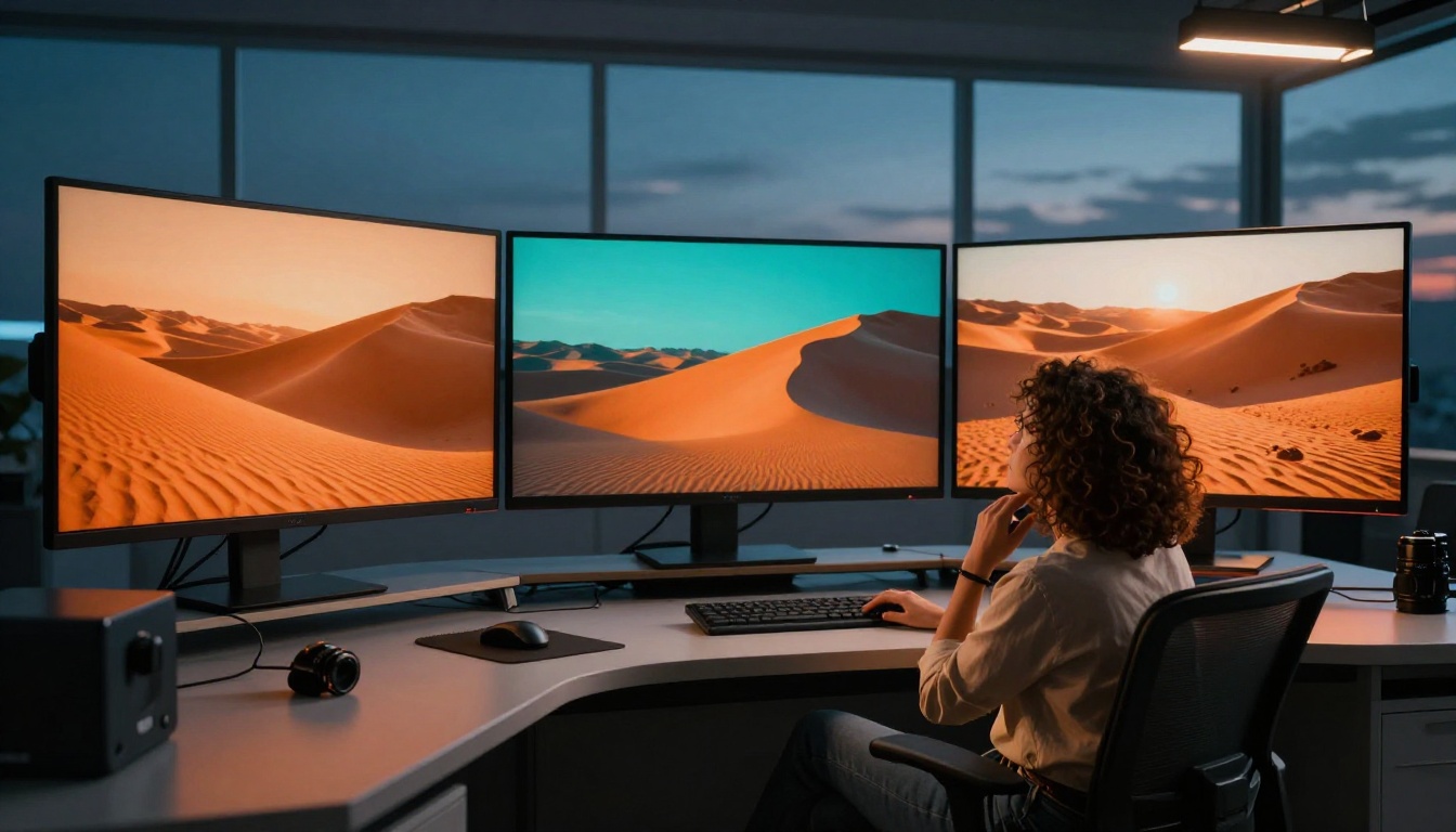 Wide shot of modern photography studio with three ultra-wide monitors displaying color-graded landscape photos