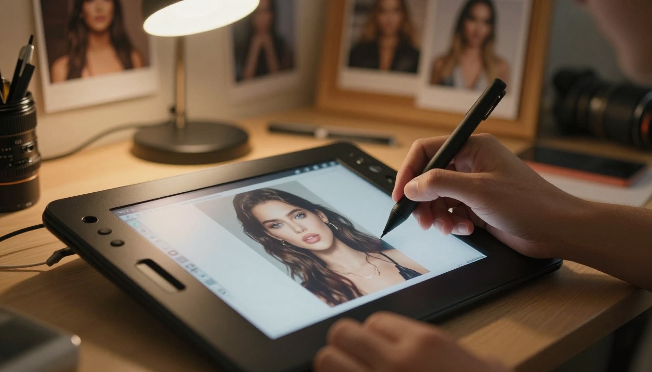 Photographer's hands using a stylus on a drawing tablet editing a glamour portrait with cork board reference photos in background