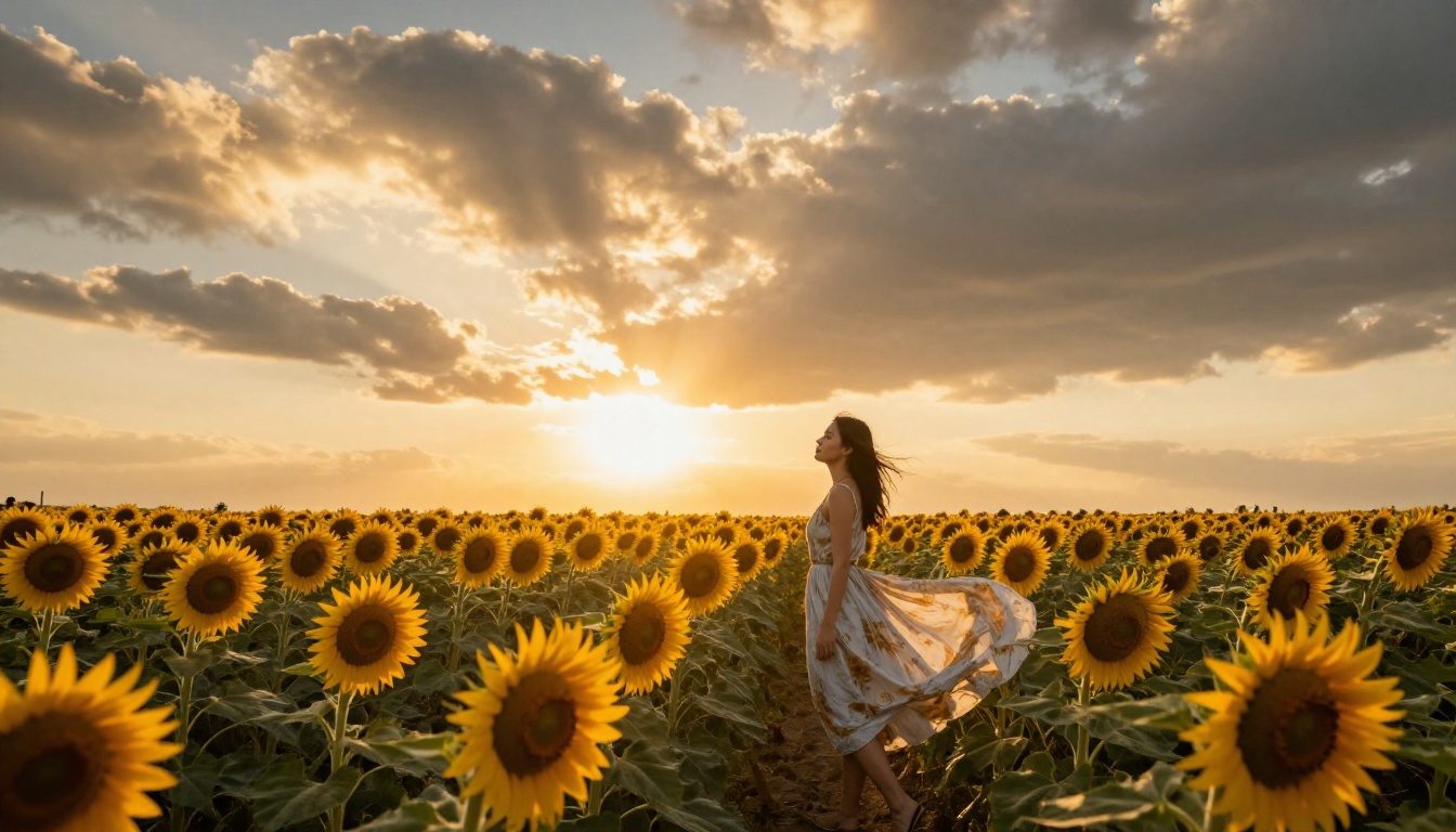 Female model in flowing summer dress in sunflower field at golden hour with dramatic god rays of sunlight