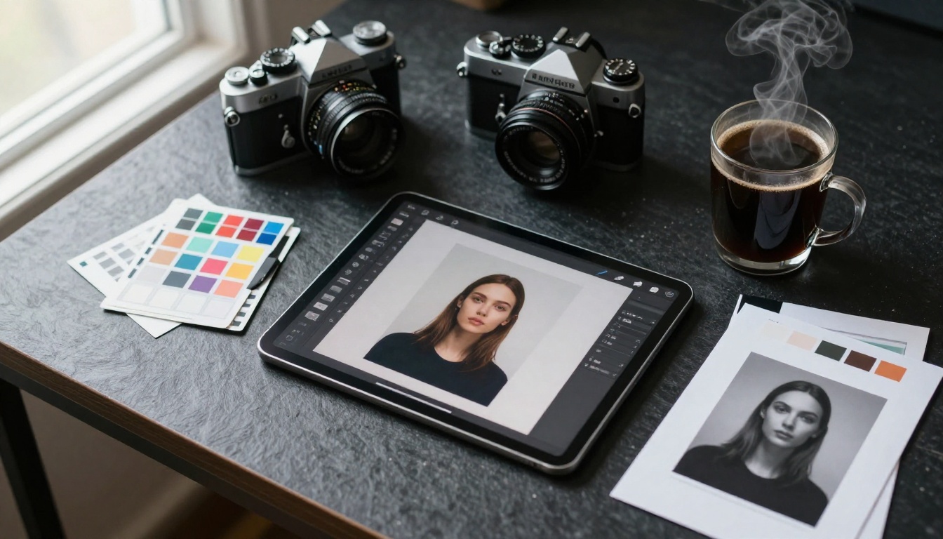 Overhead flat-lay of photographer's desk with vintage camera, color checker card, contact sheets, and coffee mug on dark slate