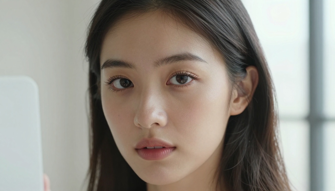 Close-up portrait of young woman with naturally textured skin in soft diffused window light, sharp eyelashes and hair detail