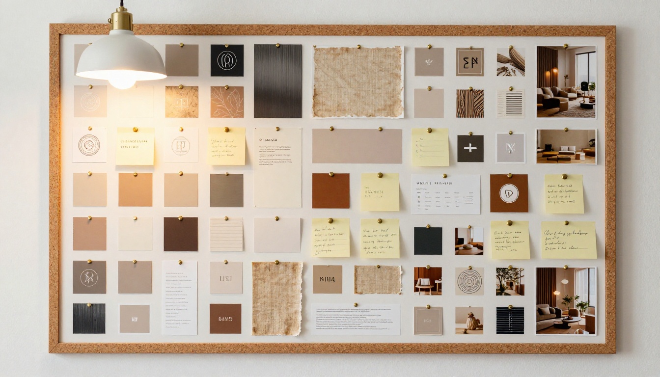 Brand identity mood board with color swatches and typography specimens on a studio wall