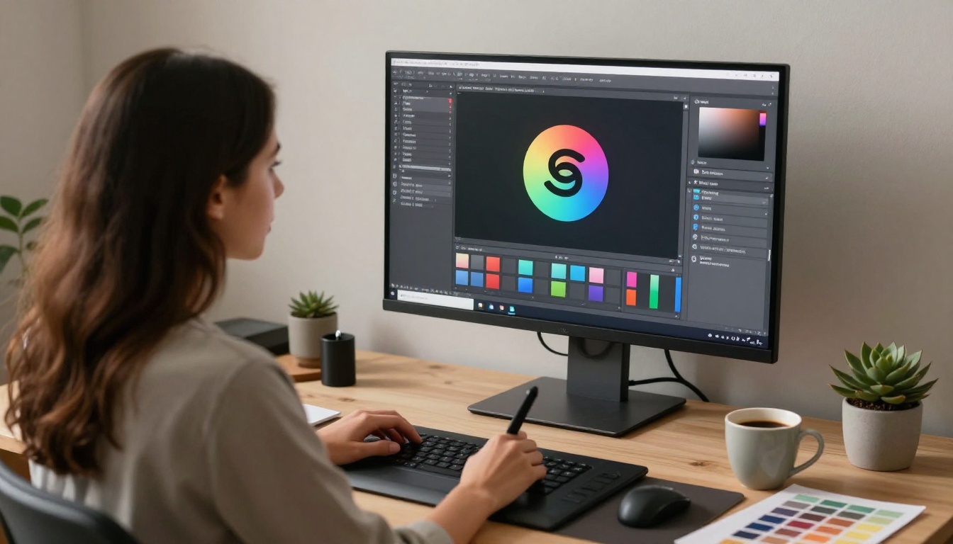 Graphic designer working at a monitor refining a logo in design software