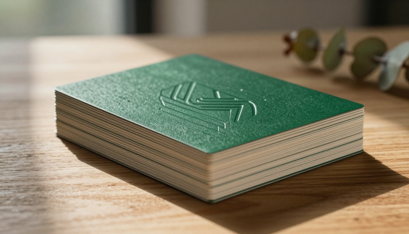Stack of premium debossed business cards with a minimalist logo on a raw oak surface