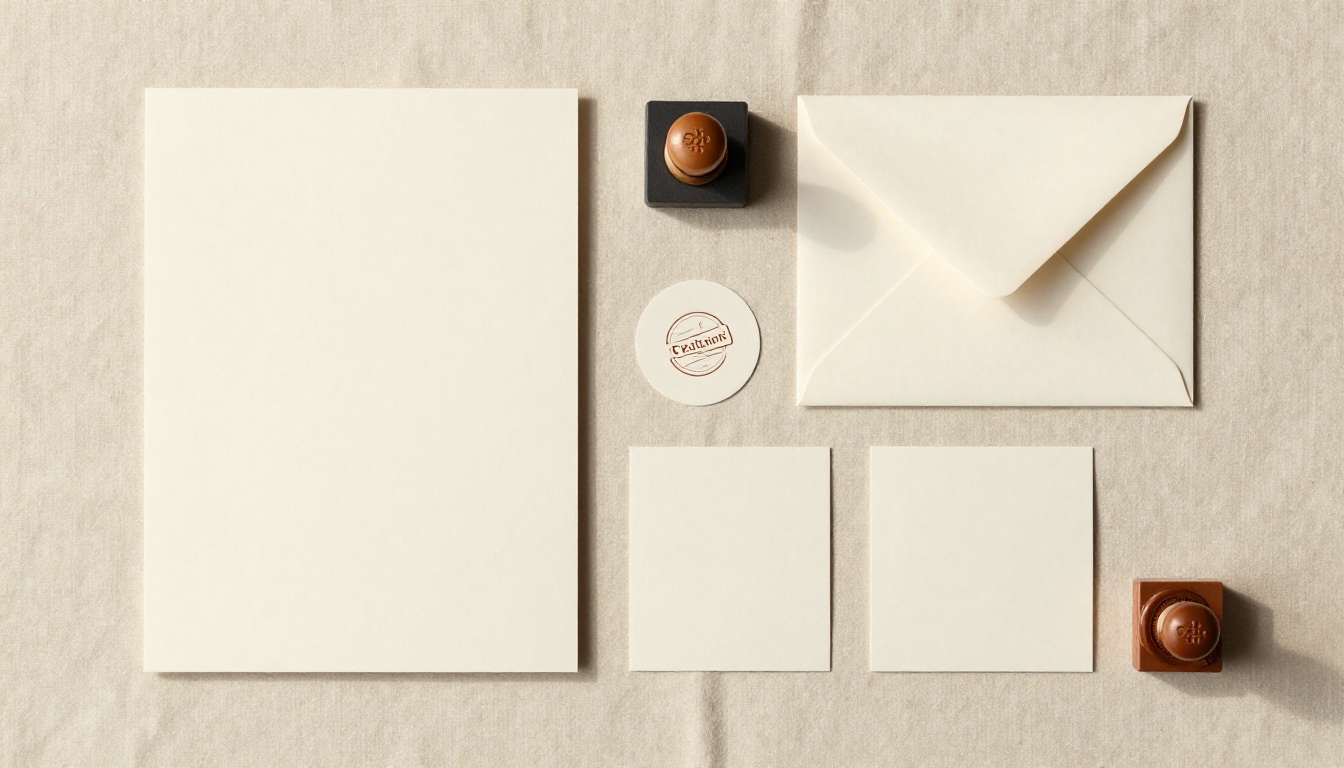 Complete brand stationery suite flat lay with letterhead, envelopes, and business cards on linen
